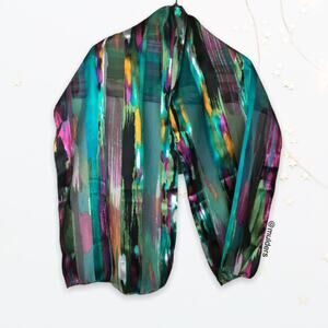 Space Age Artsy Teal & Multicolor Watercolor Painted Stripes Boho Scarf